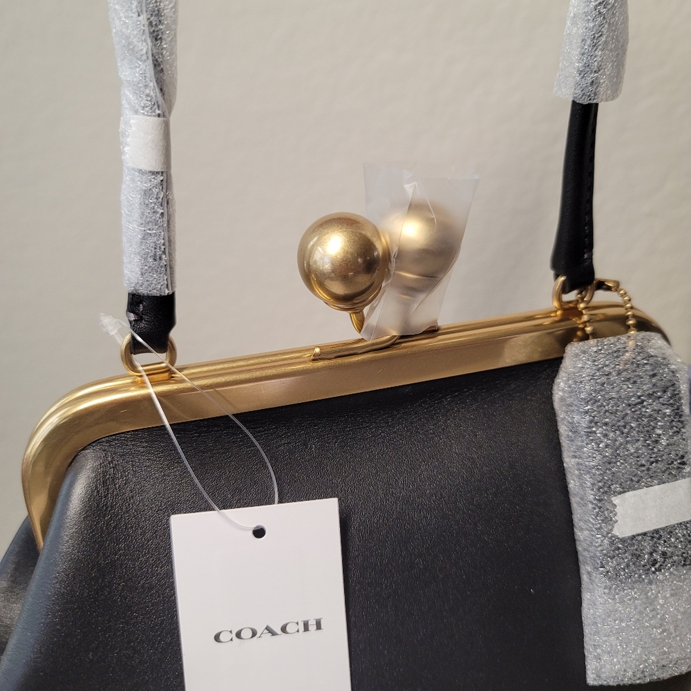Coach Kisslock Frame Bag 16 in Brass/Black Glove-Tanned Leather NWT - Picture 6 of 12